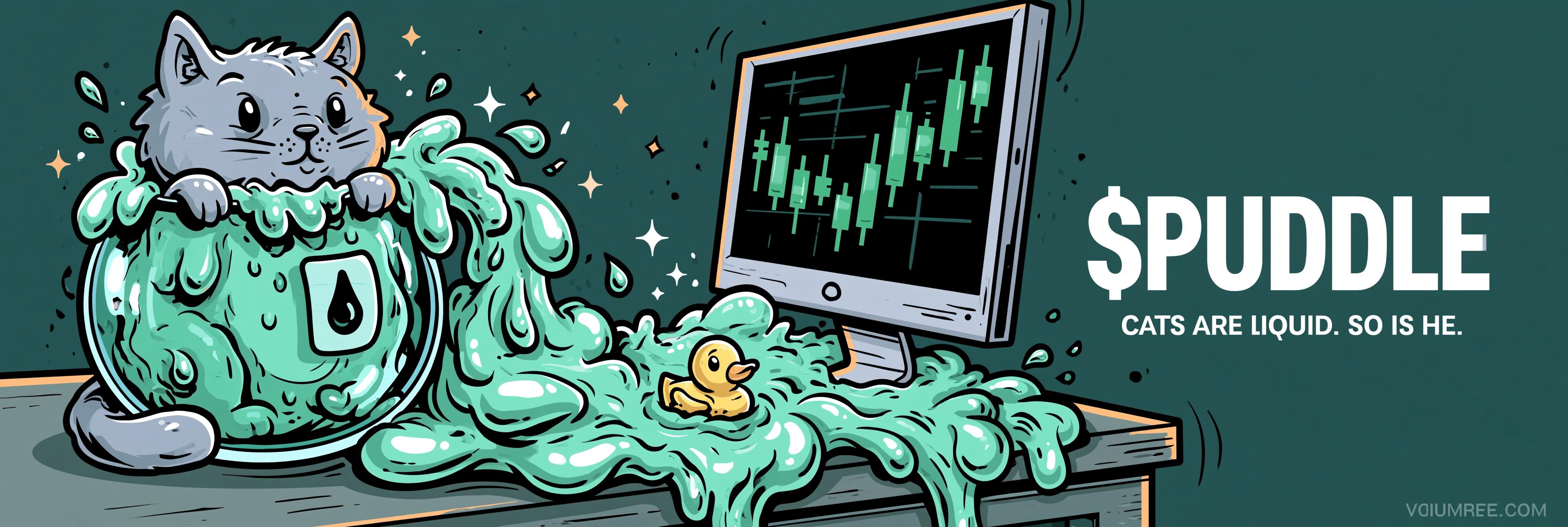 Puddles overflowing his fishbowl in front of a green chart